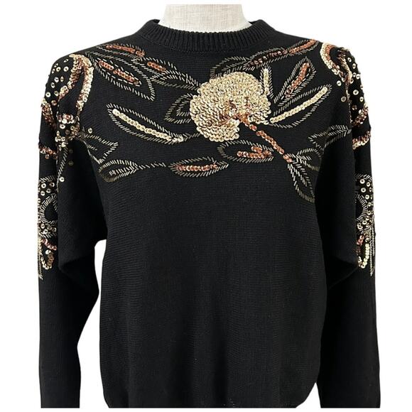 Vintage Christine Gerard Black Sequin Beaded Sweater M 80s Glam Party Dolman - Picture 11 of 11
